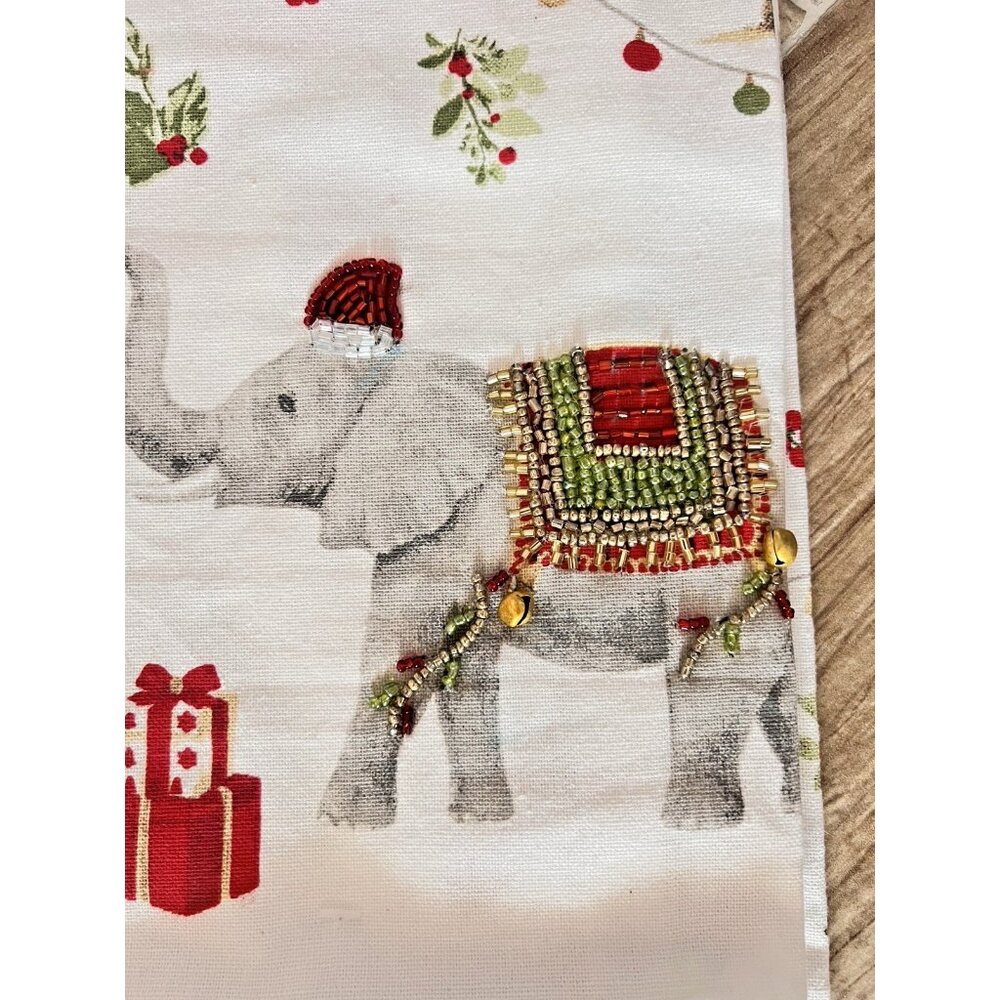 CHRISTMAS ELEPHANT Kitchen Towel Set of 2 Embroidered BEADED Detailed 20" x 28